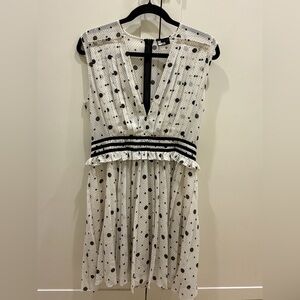 The Kooples White Mini Dress with Black Polka Dots and Contrast Waist Trim